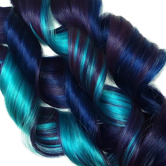 Blue Puple Jade Real Remy Human Hair Extensions Clip in Galaxy Hairstyles - Picture 3 of 3